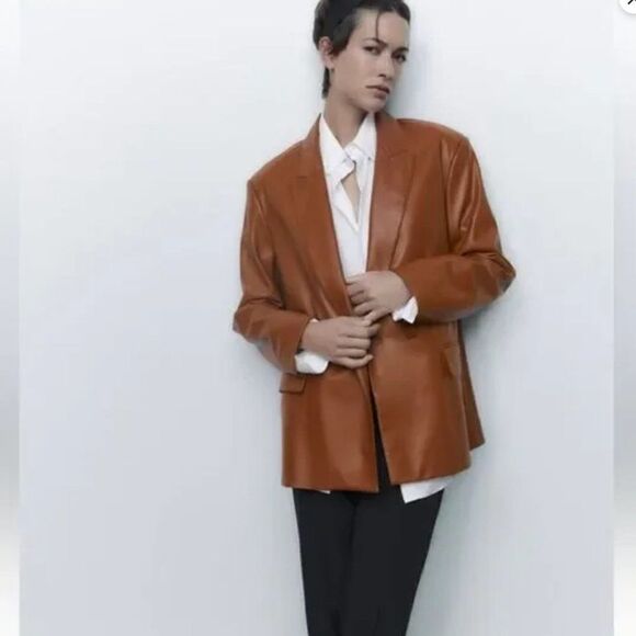 Zara Womens Brown Faux Leather Oversized Blazer Jacket L Large 3046/473 NWT - Picture 1 of 7
